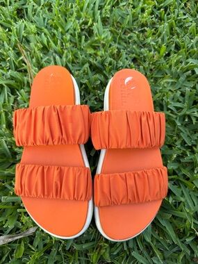 Sorel Roaming Two Strap Slide Sandals Orange Puff Strap Comfort Slides Size 7